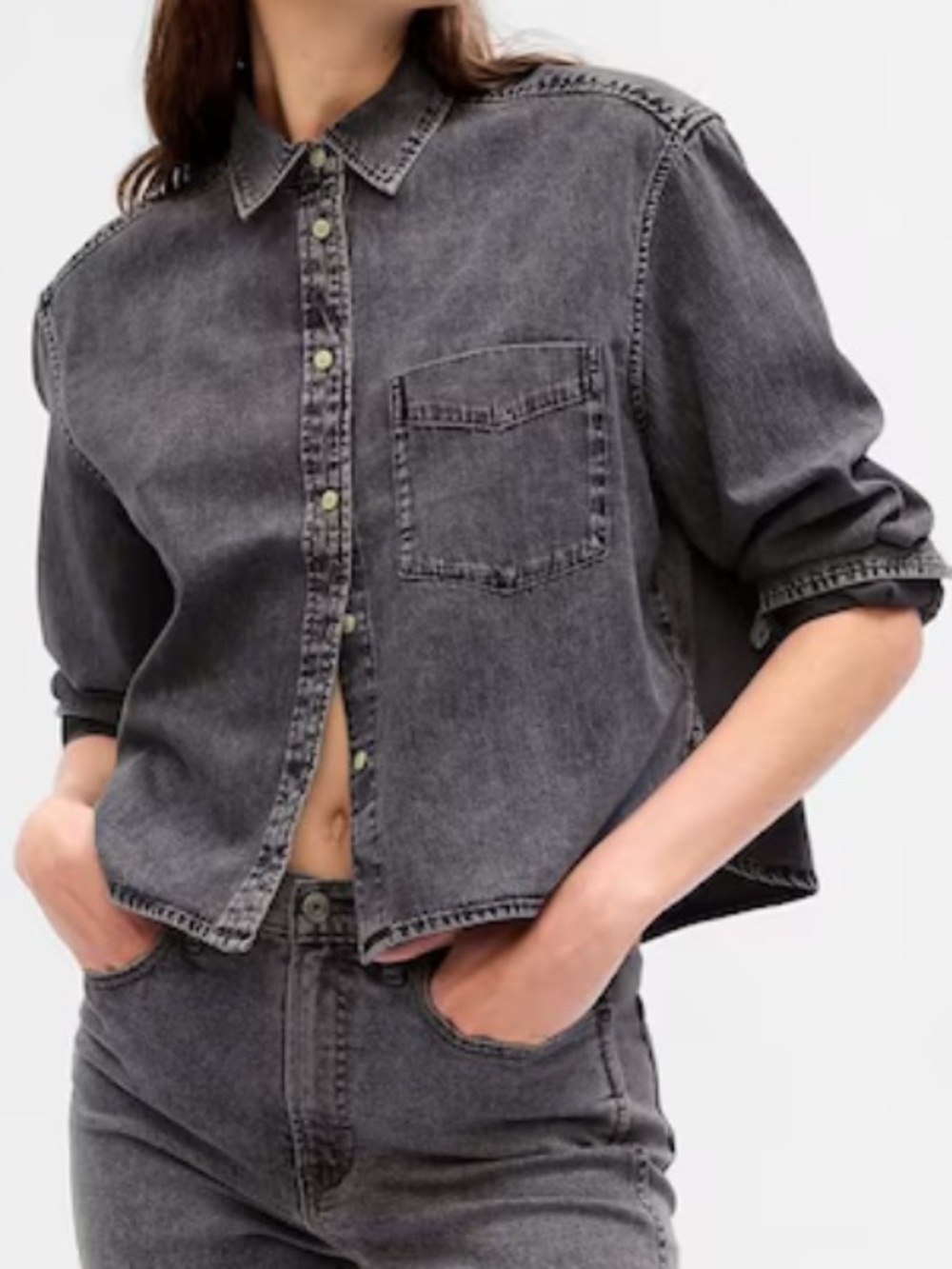 GAP Women’s Grey Loose Cropped Faded Denim Shirt